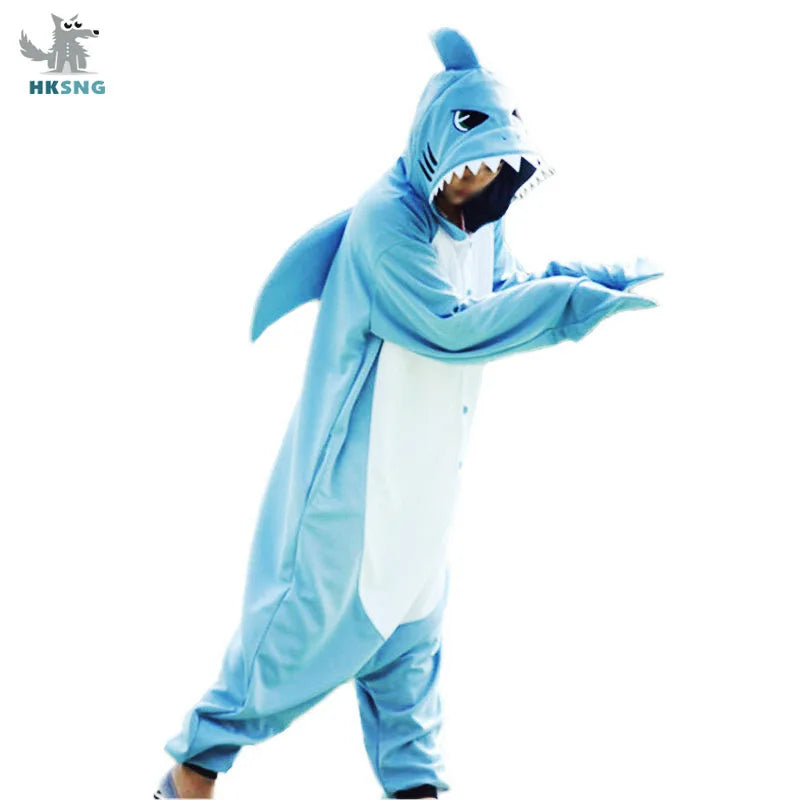 Kigurumi New Animal Unisex Adult Blue Shark Onesie Pajamas Cartoon Soft Fleece Halloween Family Party Costumes Jumpsuits