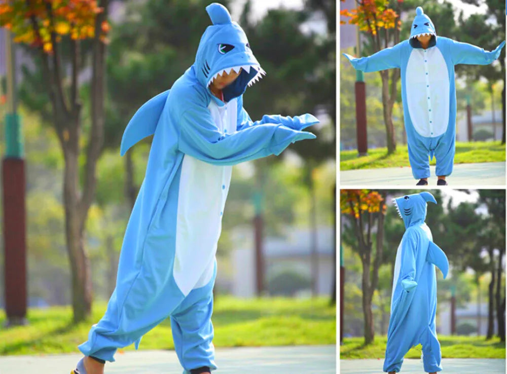 Kigurumi New Animal Unisex Adult Blue Shark Onesie Pajamas Cartoon Soft Fleece Halloween Family Party Costumes Jumpsuits