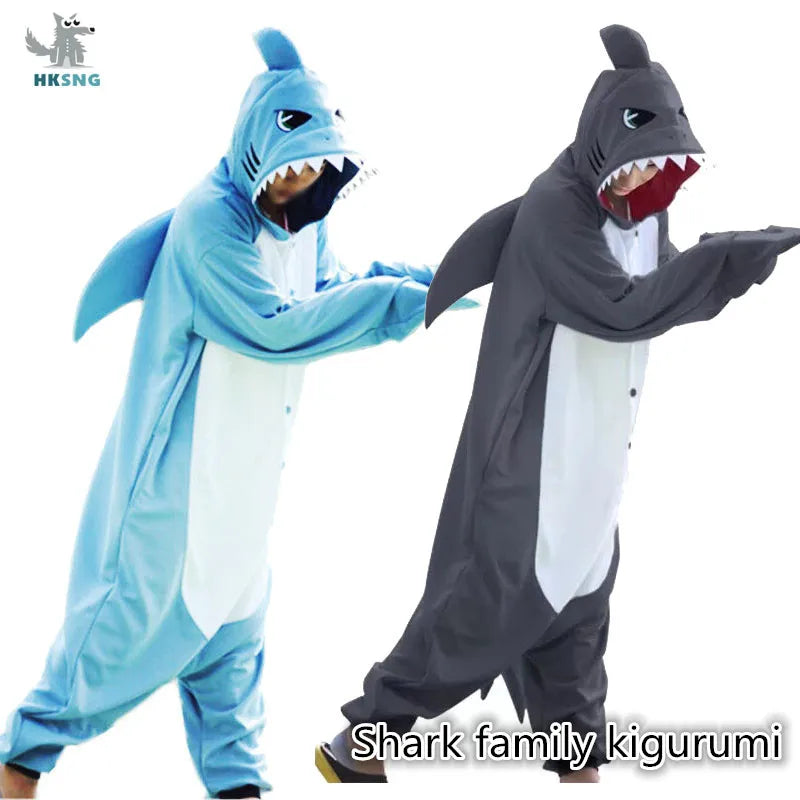 Kigurumi New Animal Unisex Adult Blue Shark Onesie Pajamas Cartoon Soft Fleece Halloween Family Party Costumes Jumpsuits